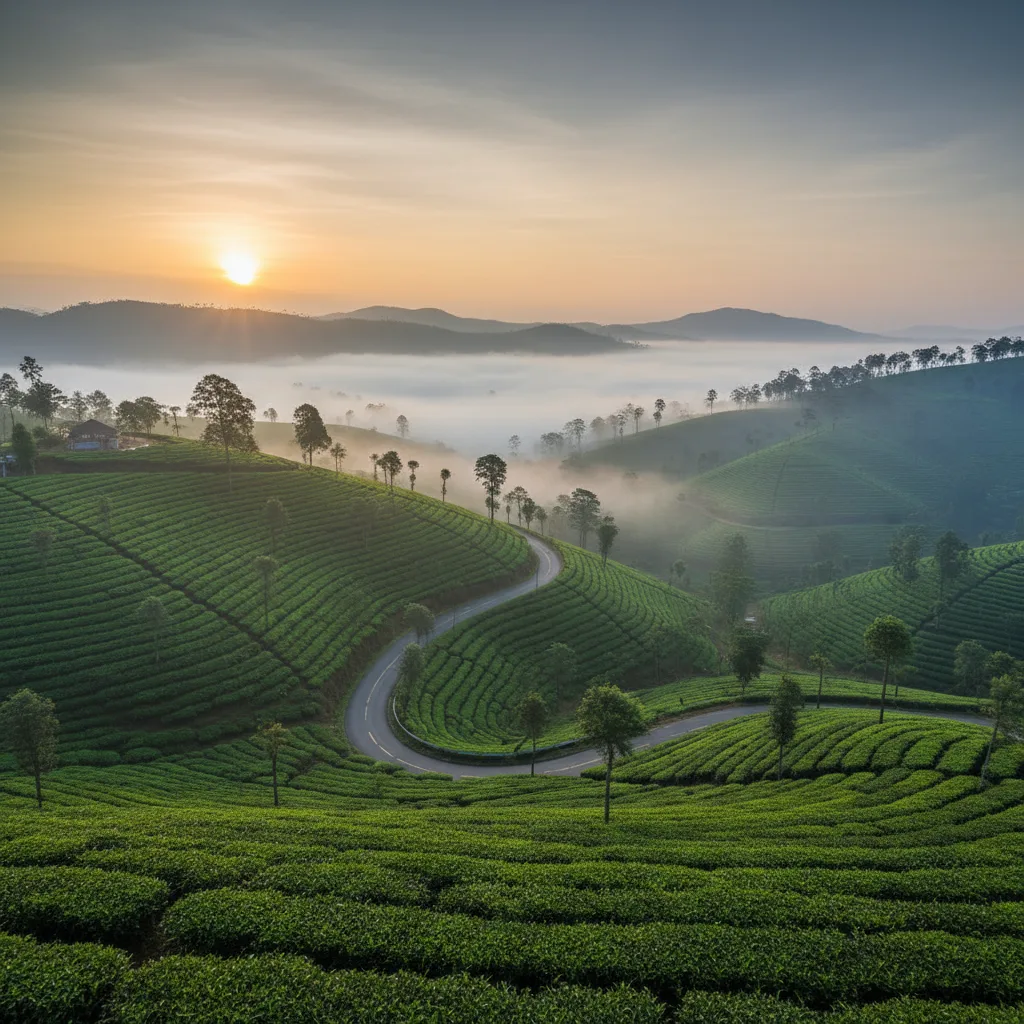 Firefly Gemini Flash Endless tea plantations in Munnar with mist covered hills winding road through lush 14759