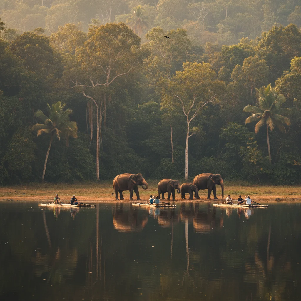 Firefly Gemini Flash Group of elephants near Periyar Lake in Thekkady bamboo rafting boats floating on th 14759 1